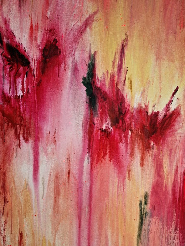 Farbe: rot/gelb. Acryl auf Leinwand. 80 x 120 cm |mixed media (Acryl) 